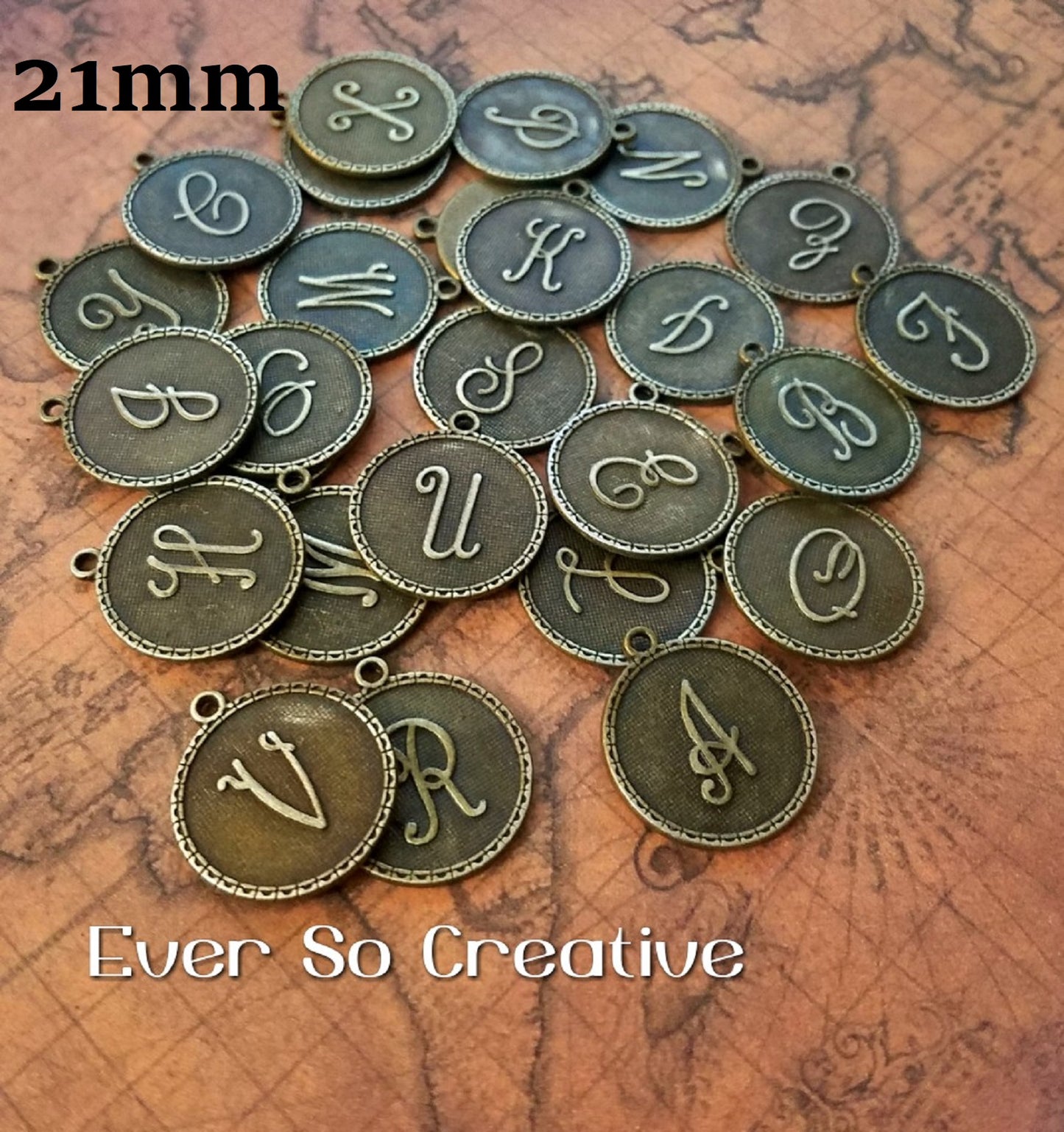 ESC-LW28: Antique Brass Full Alphabet Coin Charms: 21x19mm