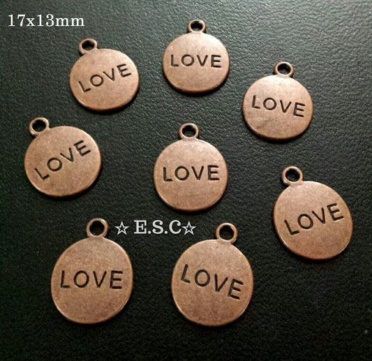 ESC-LW37: Antique Copper "Love" Stamped Coin Charms: 17x13mm