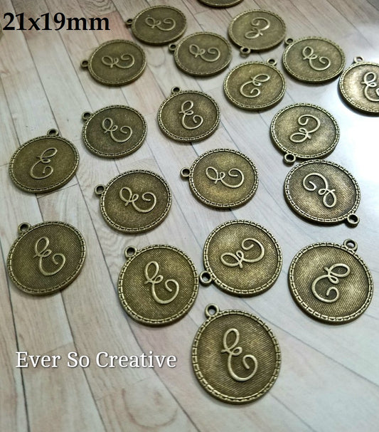 ESC-LW05: Antique Brass Letter "E" Coin Charms: 21x19mm