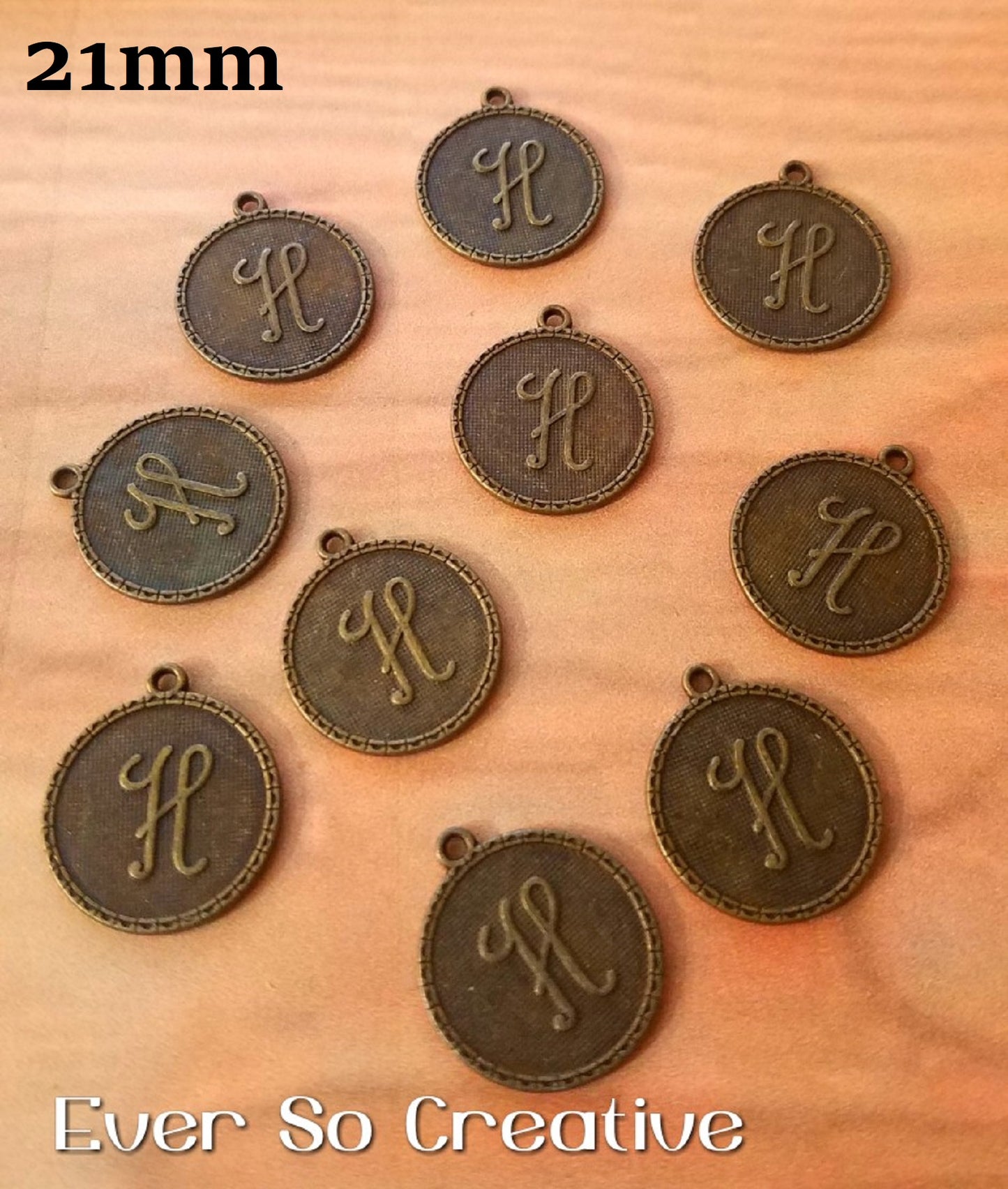 ESC-LW08: Antique Brass Letter "H" Coin Charms: 21x19mm