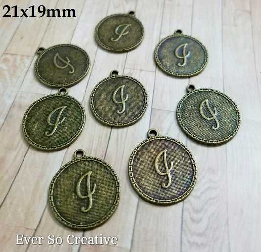 ESC-LW09: Antique Brass Letter "I" Coin Charms: 21x19mm