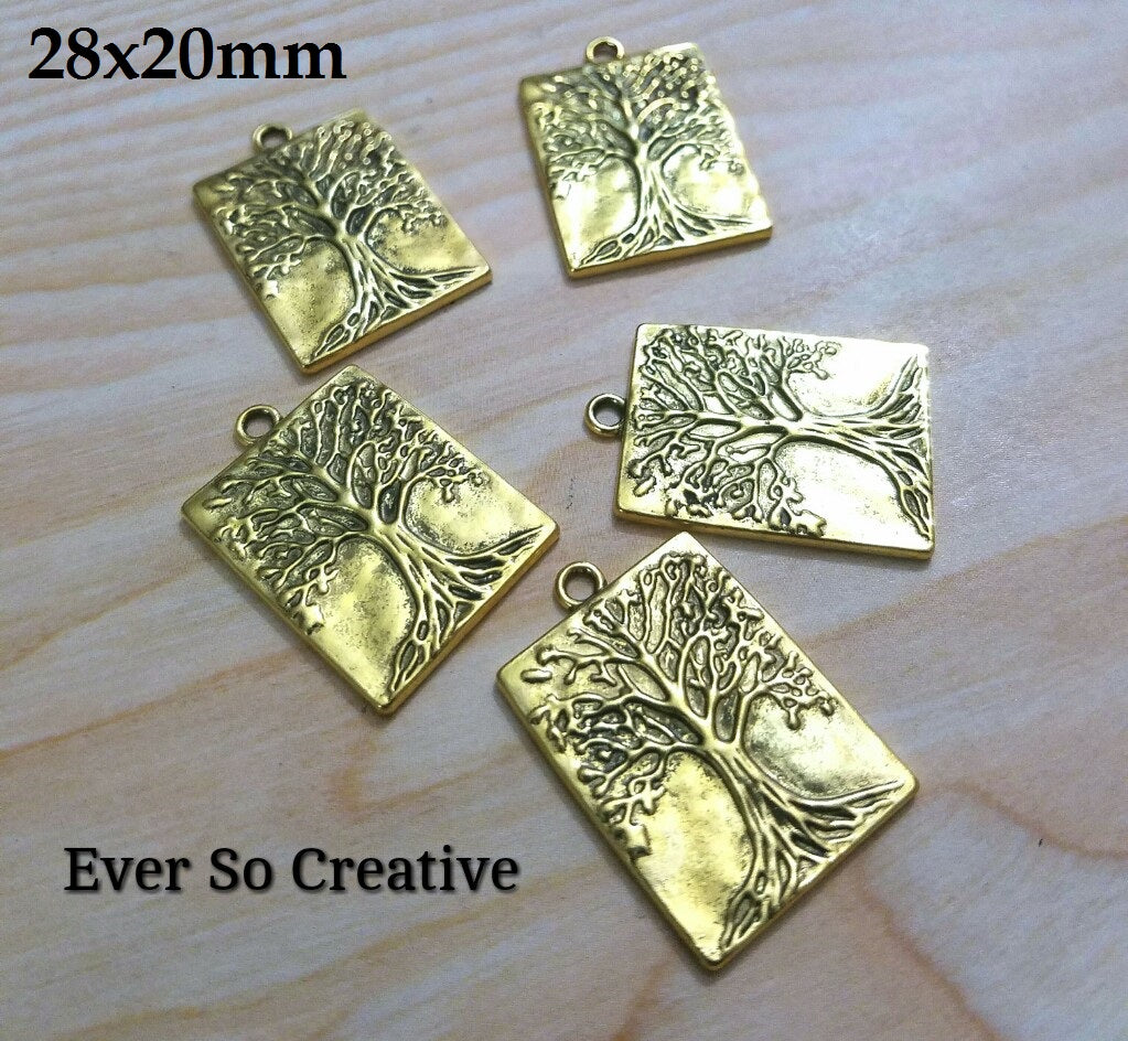 ESC-NC07: Antique Gold Square Tree of Life Pendants: 28x20mm