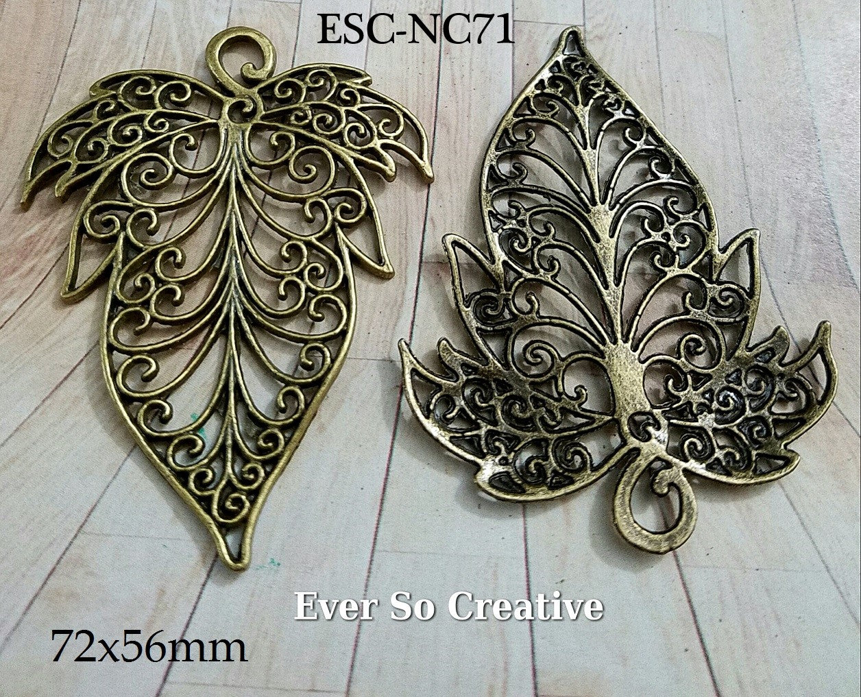 ESC-NC71 Pewter Charms: (2 pcs)- Filigree Leaf Pendant: 72x76mm