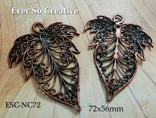 ESC-NC72: Antique Copper Filigree Leaf Pendant: (2pcs) 72x76mm