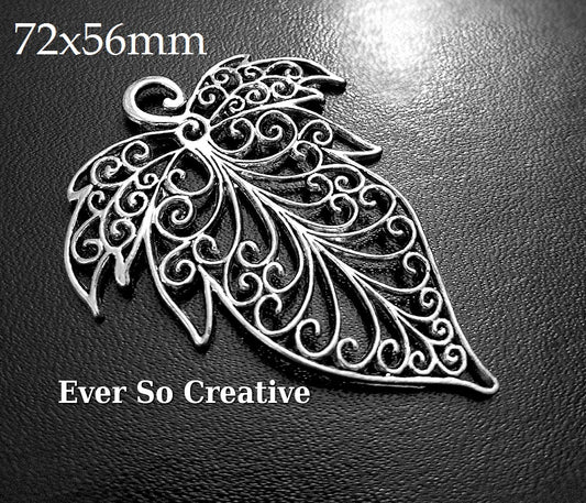 ESC-NC73: Antique Silver Filigree Leaf Pendant: (2pcs) 72x76mm