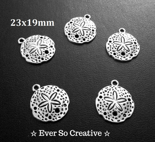 ESC-SEA02: Antique Silver Sand Dollar Coin Charms: 23x19mm