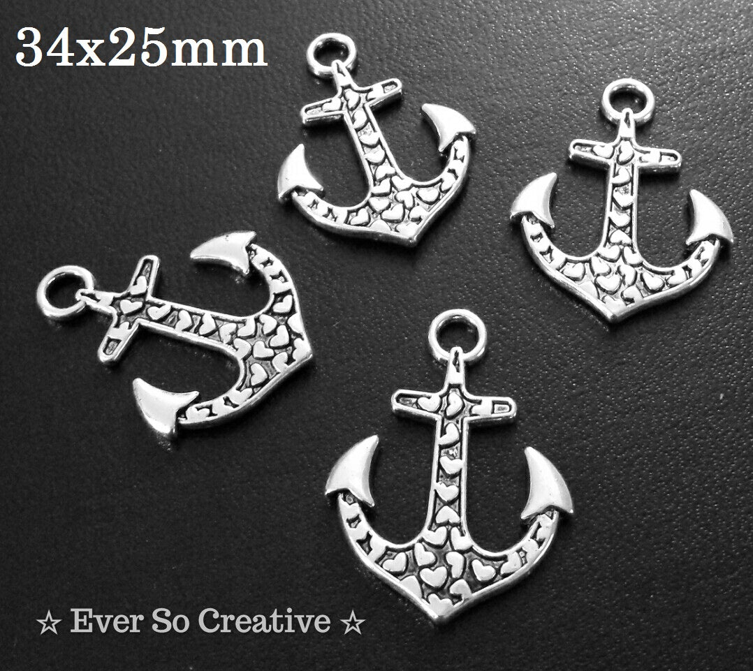 ESC-SEA03: Antique Silver Heart Stamped Anchor Pendants: 34x25mm