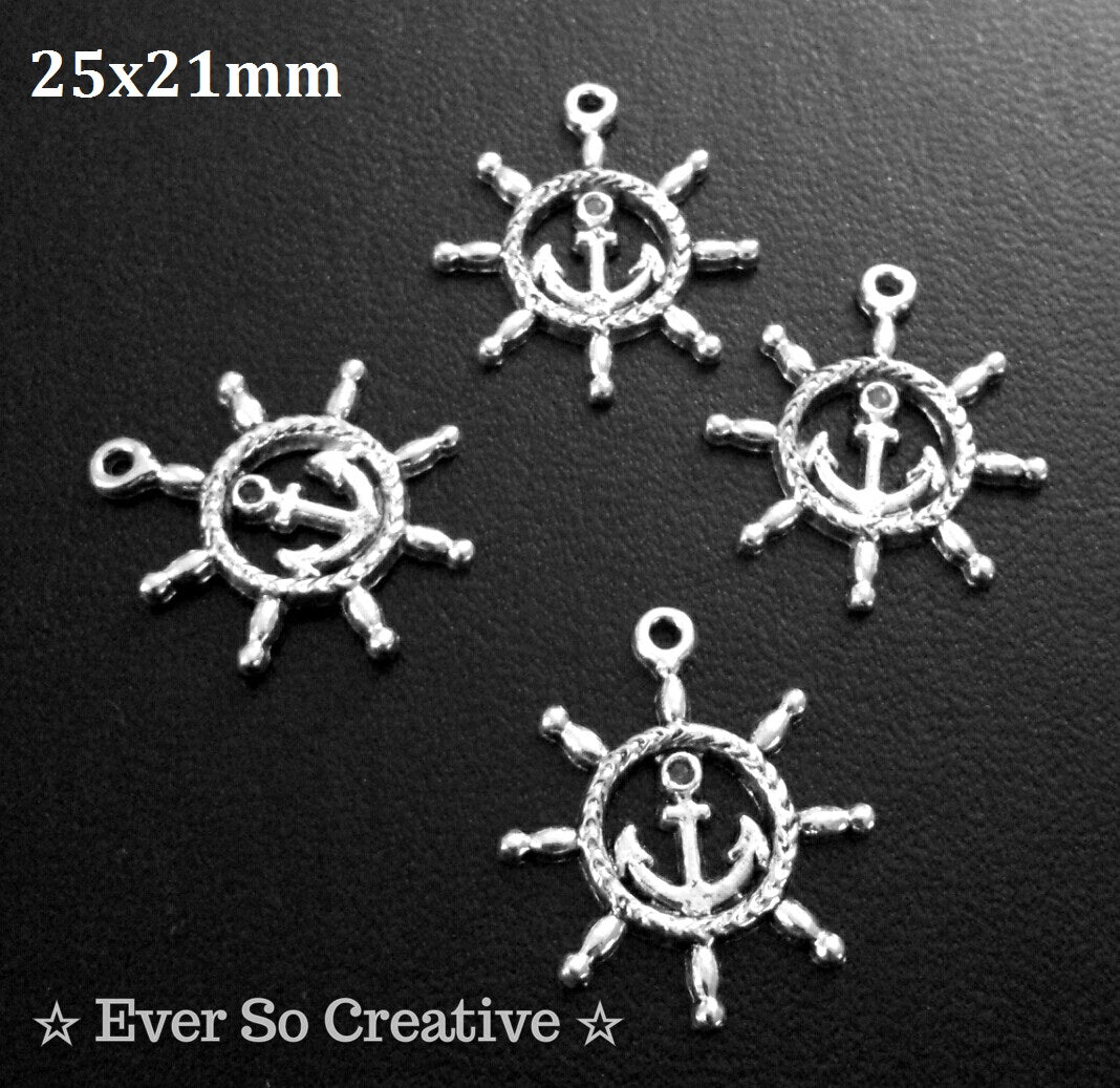 ESC-SEA13: Antique Silver Ship Rudder with Anchor Charms/Pendant: 25x21mm