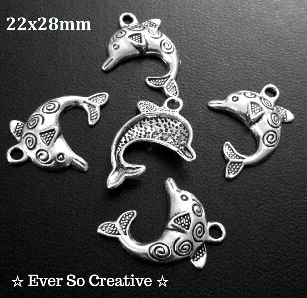 ESC-SEA23: Antique Silver Stamped Dolphin Pendants: 22x28mm