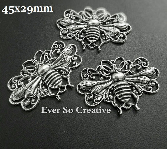 ESC-BEE02: Antique Silver Bee Pendant/Connector: 45x29mm (3pcs)