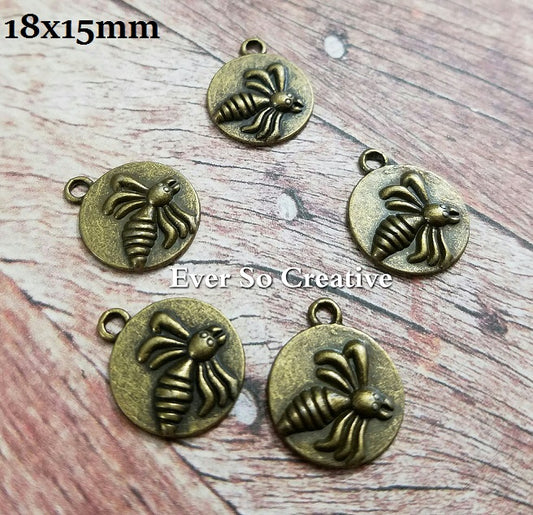 ESC-BEE05: Antique Brass Embossed Bee Coin Charms: 18x15mm