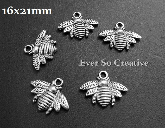 ESC-BEE06: Antique Silver Bee Charms: 16x21mm (5pcs)