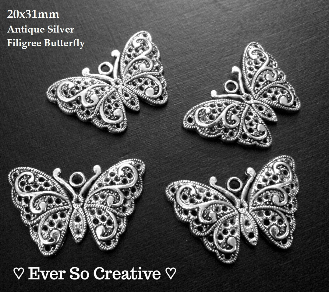 ESC-BUT01: Antique Silver Filigree Butterfly Pendant: 20x31mm (4pcs)