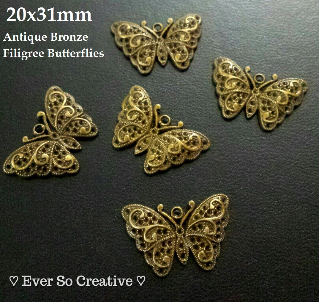 ESC-BUT02: Antique Brass Filigree Butterfly Pendants: 20x31mm (4pcs)