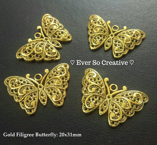 ESC-BUT03: Antique Gold Filigree Butterfly Pendants: 20x31mm (4pcs)