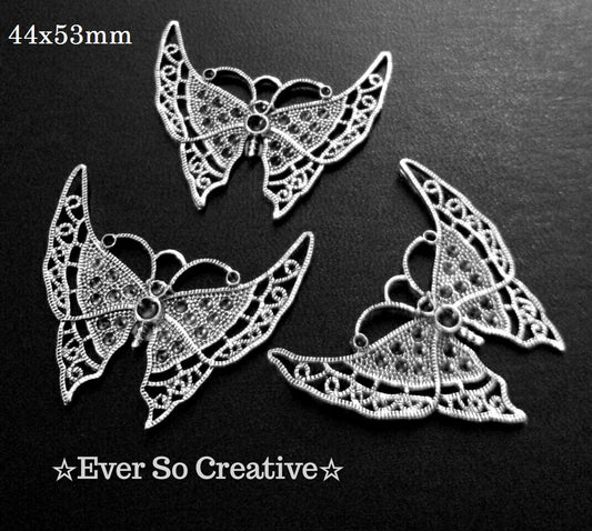 ESC-BUT04: Antique Silver Filigree Butterfly Pendant: 44x53mm (3pcs)