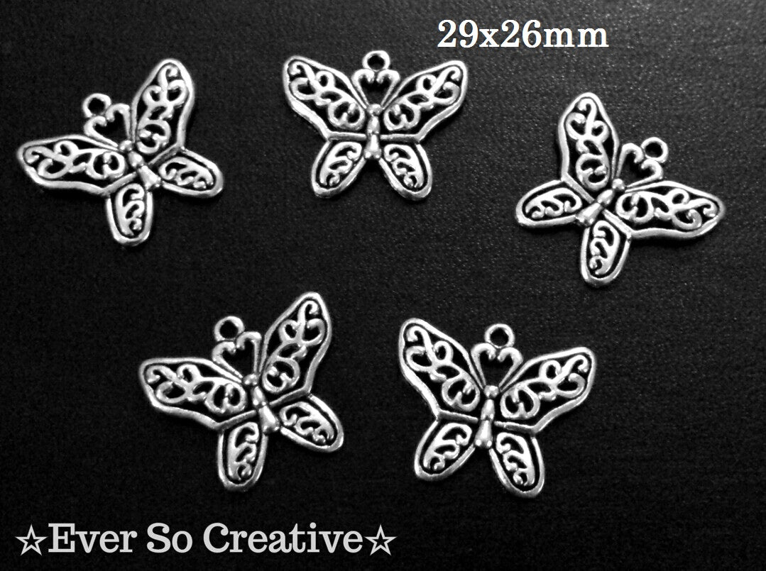 ESC-BUT05: Antique Silver Butterfly Charms: 29x26mm (5pcs)