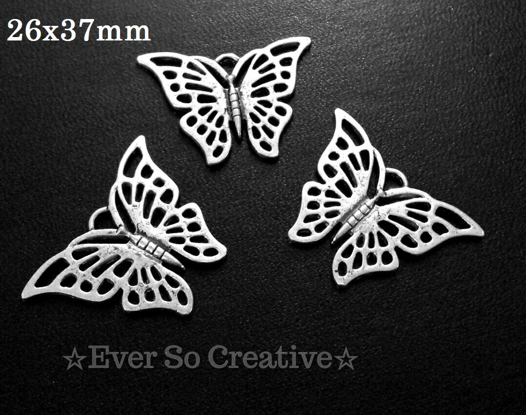 ESC-BUT09: Antique Silver Butterfly Pendants: 26x37mm (4pcs)