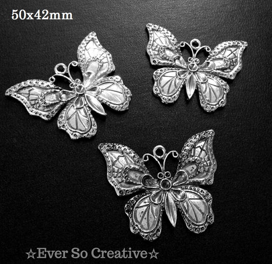 ESC-BUT19: Antique Silver Butterfly Pendants: 50x42mm (2pcs)