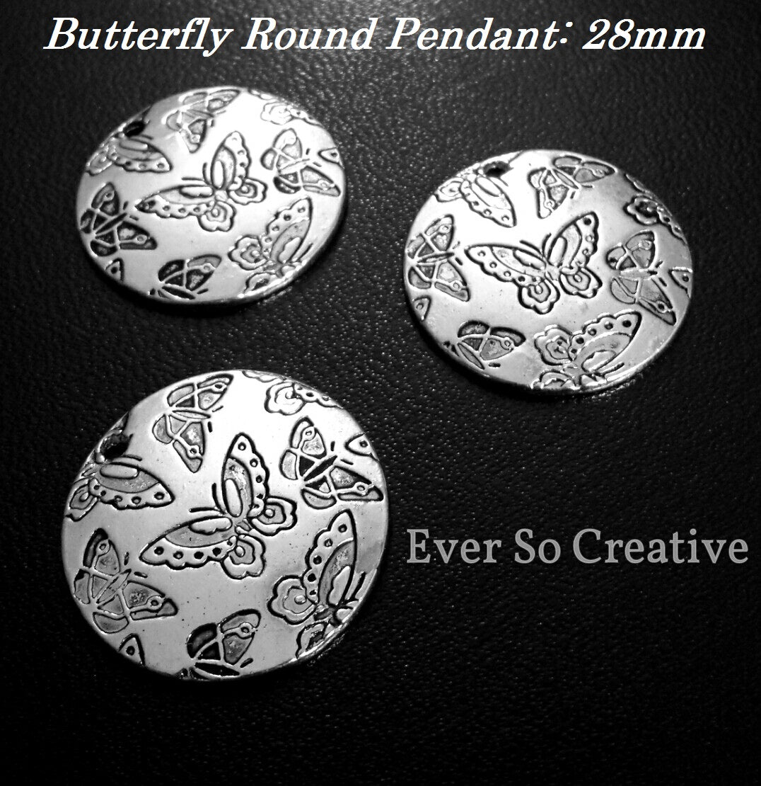 ESC-BUT21: Antique Silver Embossed Butterfly Pendant: 28mm (2pcs)