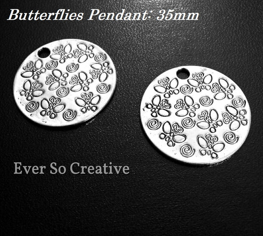 ESC-BUT22: Antique Silver Embossed Butterfly Round Pendant: 35mm: (2pcs)