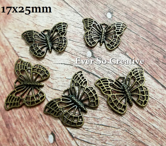 ESC-BUT26: Antique Brass Filigree Butterfly Charms: 17x25mm (5pcs)