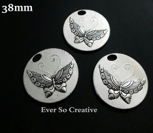 ESC-BUT27: Antique Silver Embossed Butterfly Pendant: 38mm (2pcs)