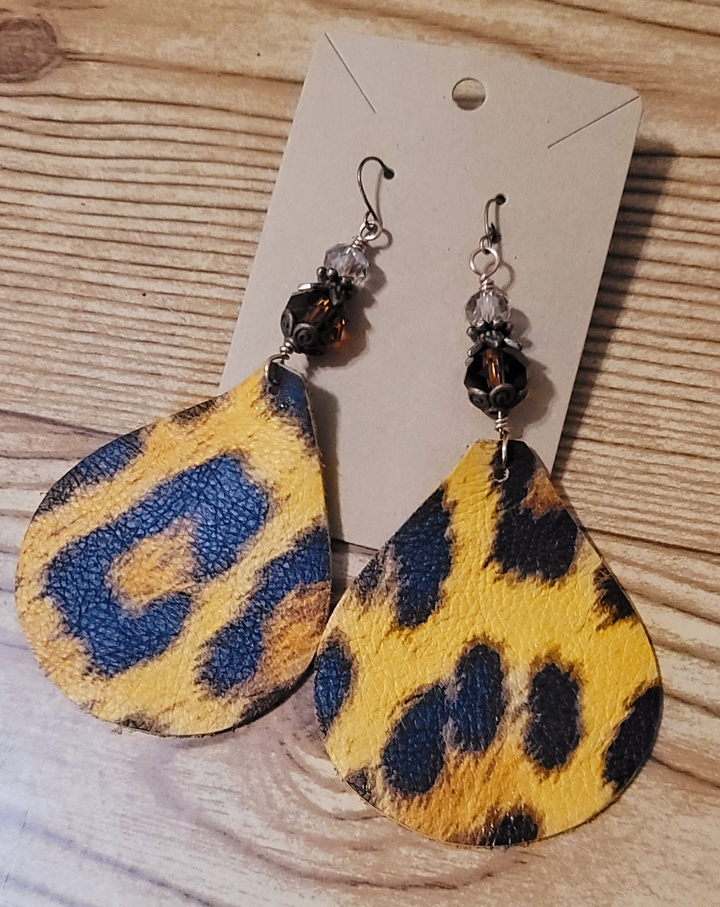 Genuine Leather Earrings Amber- Brown Australian Crystal and Leopard Leather Earrings