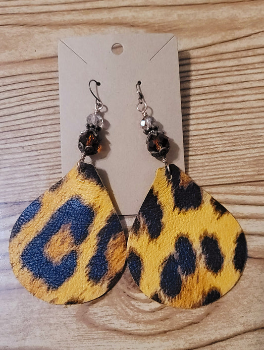 Genuine Leather Earrings Amber- Brown Australian Crystal and Leopard Leather Earrings