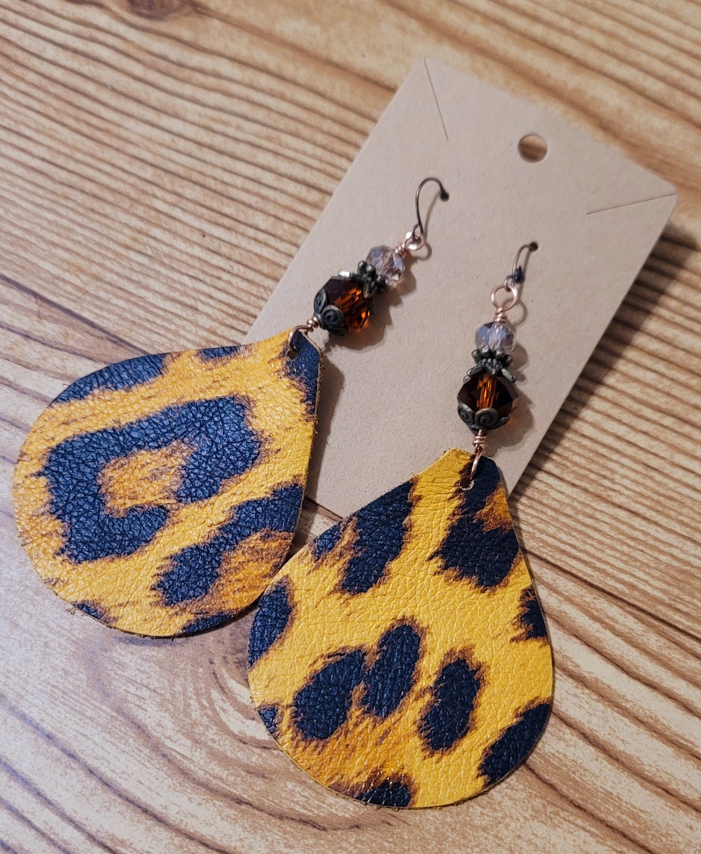 Genuine Leather Earrings Amber- Brown Australian Crystal and Leopard Leather Earrings