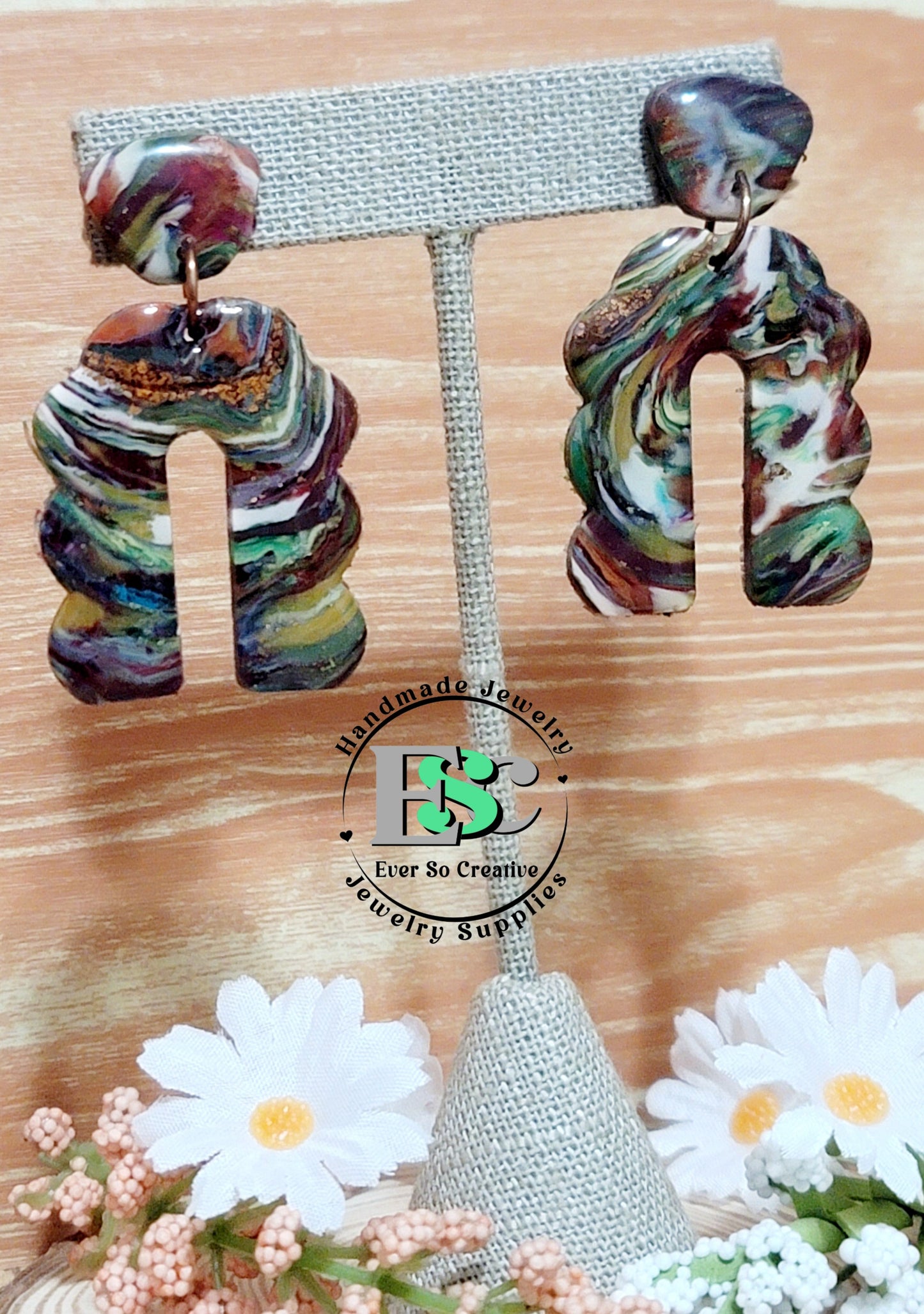 Norma: Scallop Alcohol Inked Translucent Scrape, Maroon and White Mix Polymer Clay Earrings