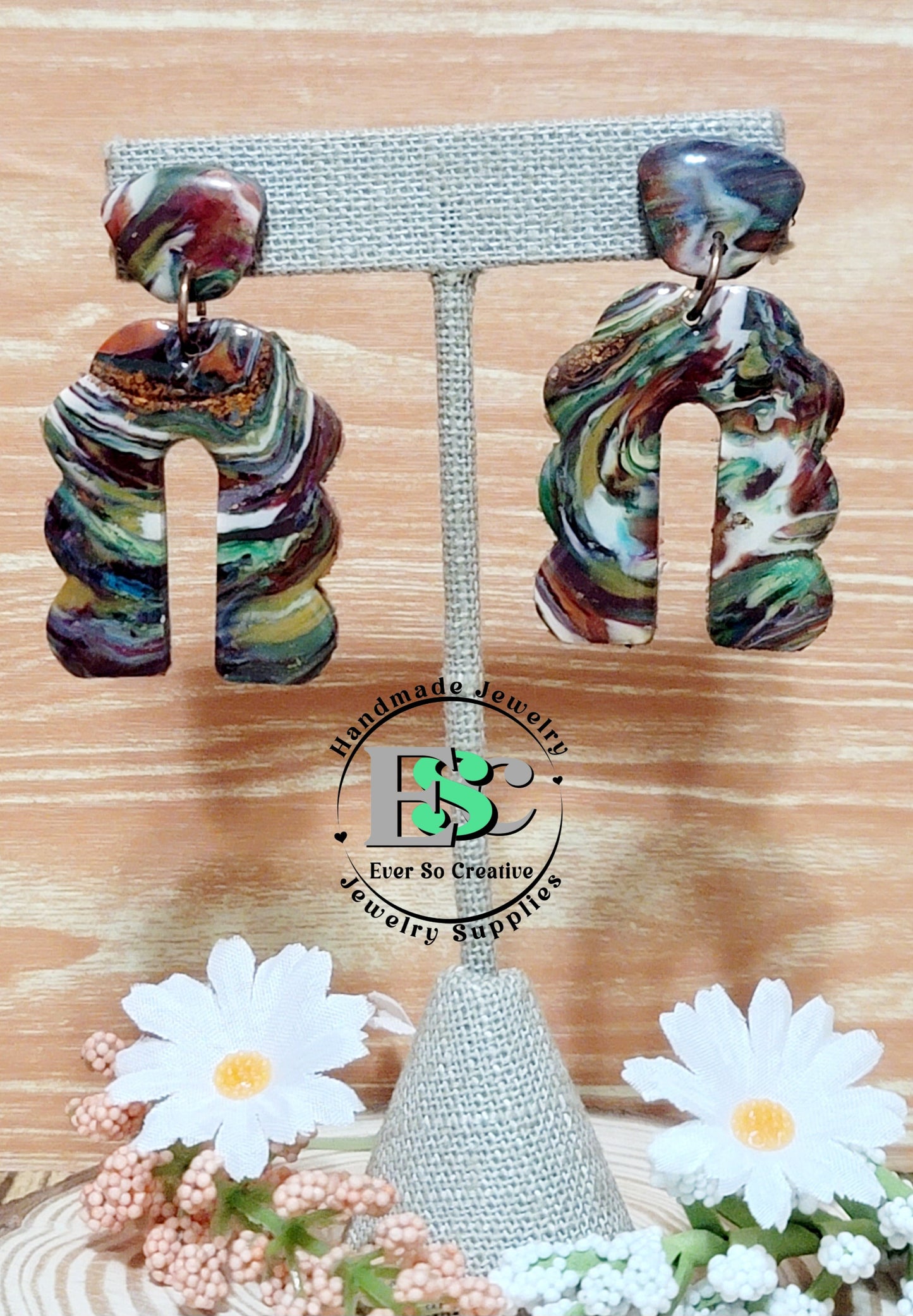 Norma: Scallop Alcohol Inked Translucent Scrape, Maroon and White Mix Polymer Clay Earrings