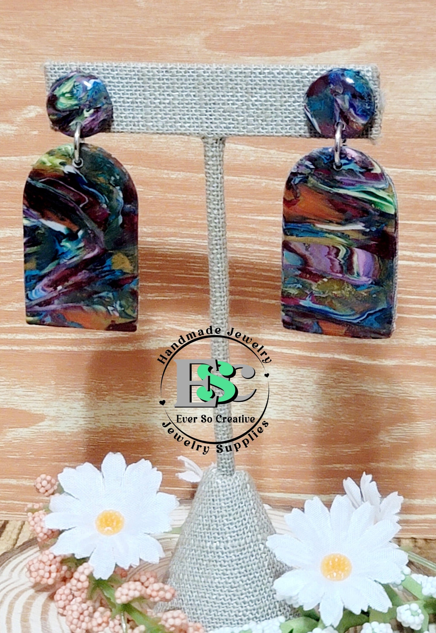 Otoño: Oval Square Translucent Colored Scraped Polymer Clay Earrings