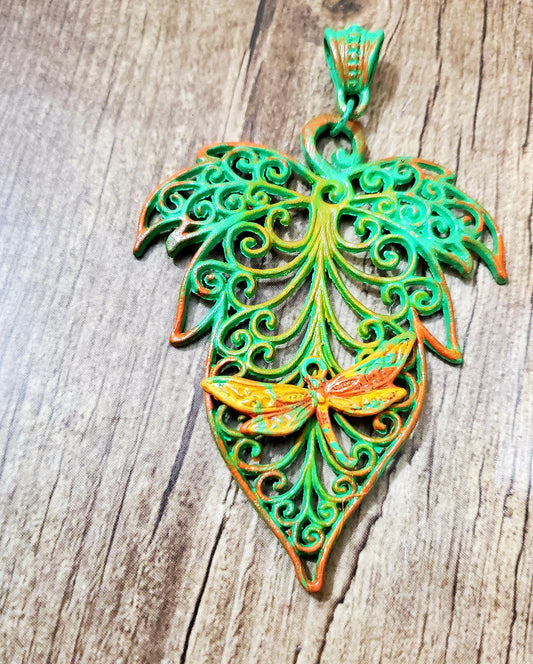 ESC-PBE10: Verdigris & Carnelian Maple Leaf with Dragonfly Pendant