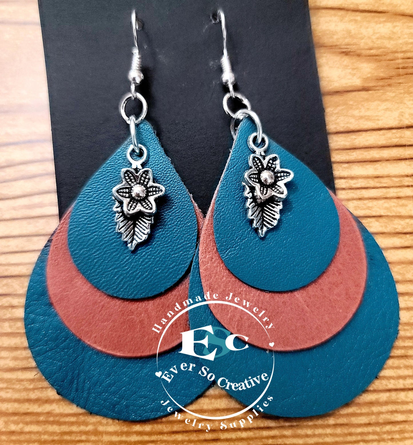 Triple Layer Oval Genuine Leather Earrings accent with Flower Charms